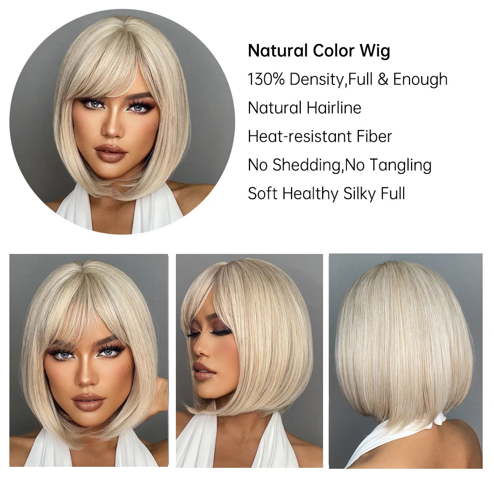 Perruque synthétique blanche, blonde et grise avec frange, coupe courte et lisse, idéale pour le cosplay et le quotidien. Cheveux naturels et résistants à la chaleur.