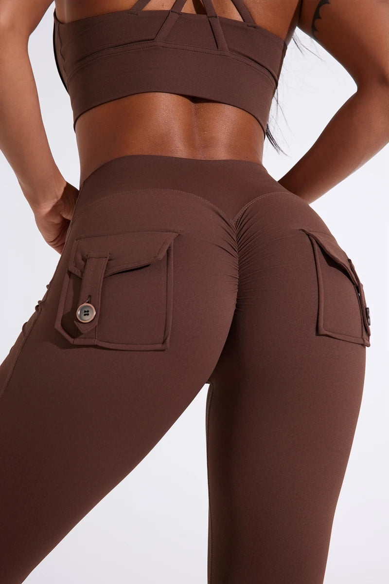 Pantalon de yoga taille haute à poches pour femme DIAS FIT JOY, effet push-up, séchage rapide, idéal pour la course, le sport et la salle de gym.