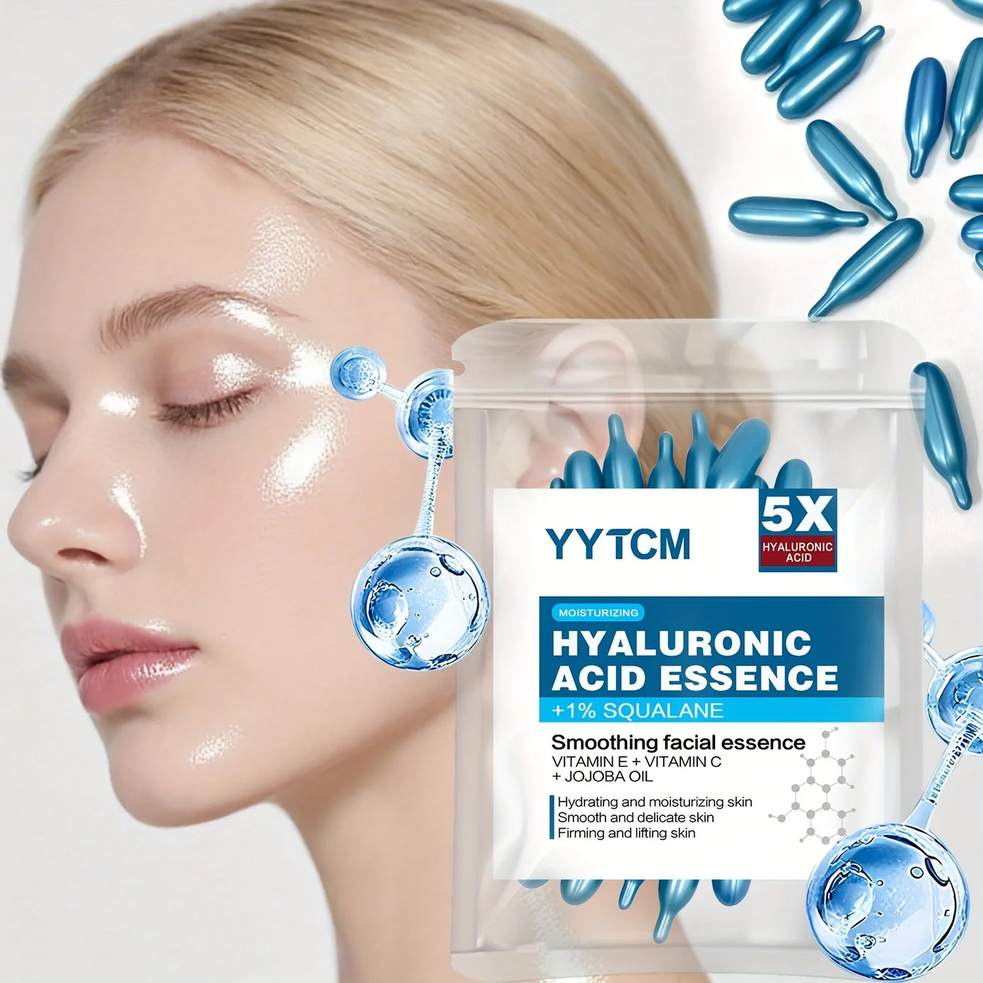 Capsules d'essence hydratante intense à l'acide hyaluronique, sérum hydratant et illuminateur pour la peau (0,4 g x 30 capsules) - 1 sachet