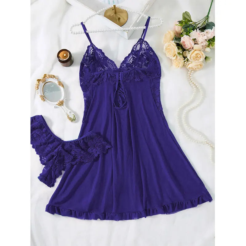 Robe de nuit d'été sexy et chaude, sans manches, dos nu, en dentelle transparente, couleur unie, pyjama doux, ensemble string court à col en V