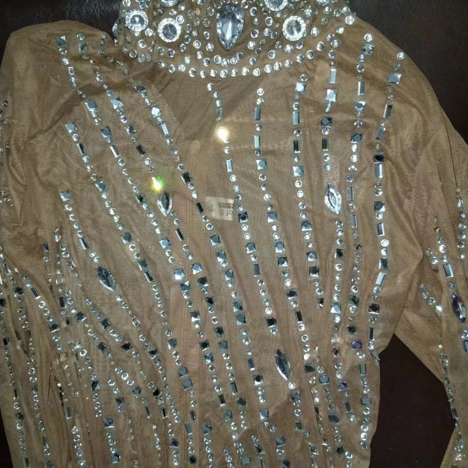 Sparkly Silver Big Rhinestone Transparent Long Dress Evening Birthday Celebrate Luxurious Costume Dancer Flashing Dress