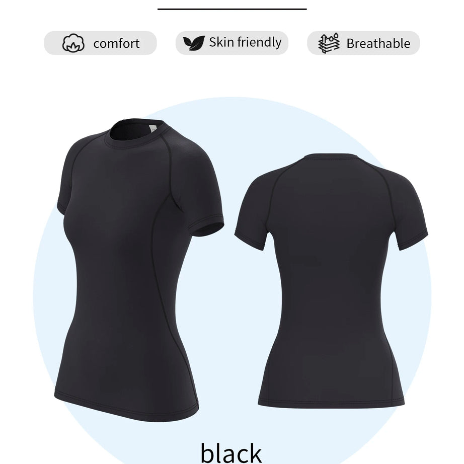 T-shirt de compression pour femme, manches courtes, idéal pour le sport, le yoga et la course à pied, parfait pour l'été et la salle de sport. Ce t-shirt extensible à séchage rapide est idéal pour les séances d'entraînement.