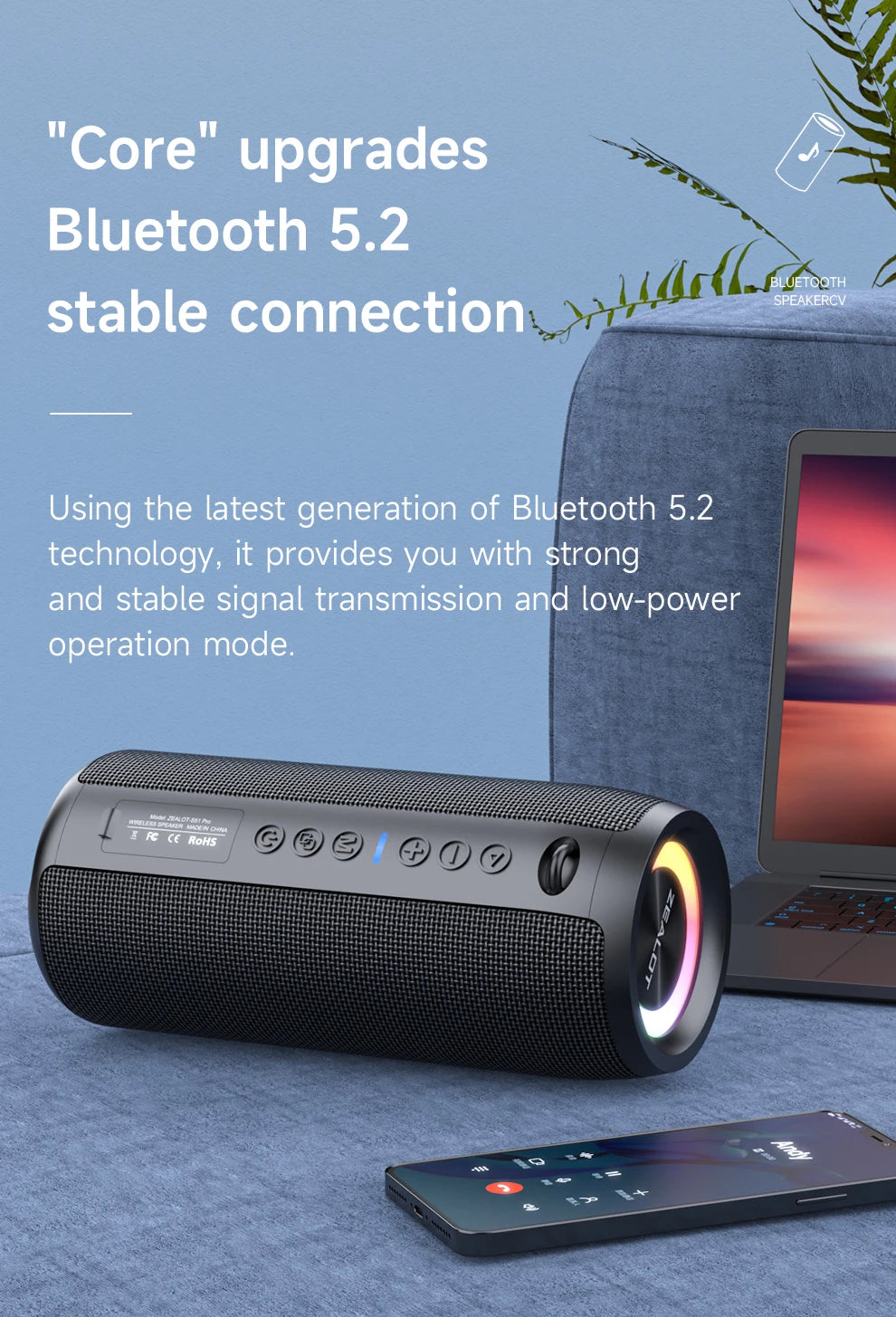 Enceinte Bluetooth haute puissance ZEALOT-S51PRO 40 W, basses stéréo 3D, portable et étanche IPX5, compatible TWS.