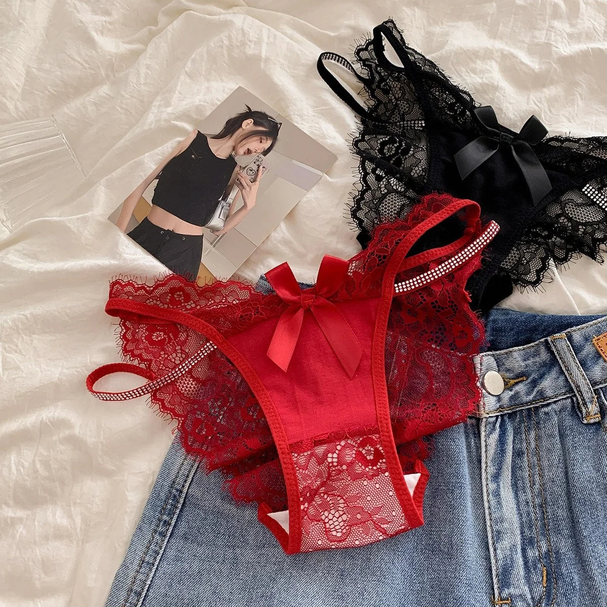 Culotte string sexy en dentelle et strass pour fille, sous-vêtements féminins, string ajouré transparent, lingerie intime