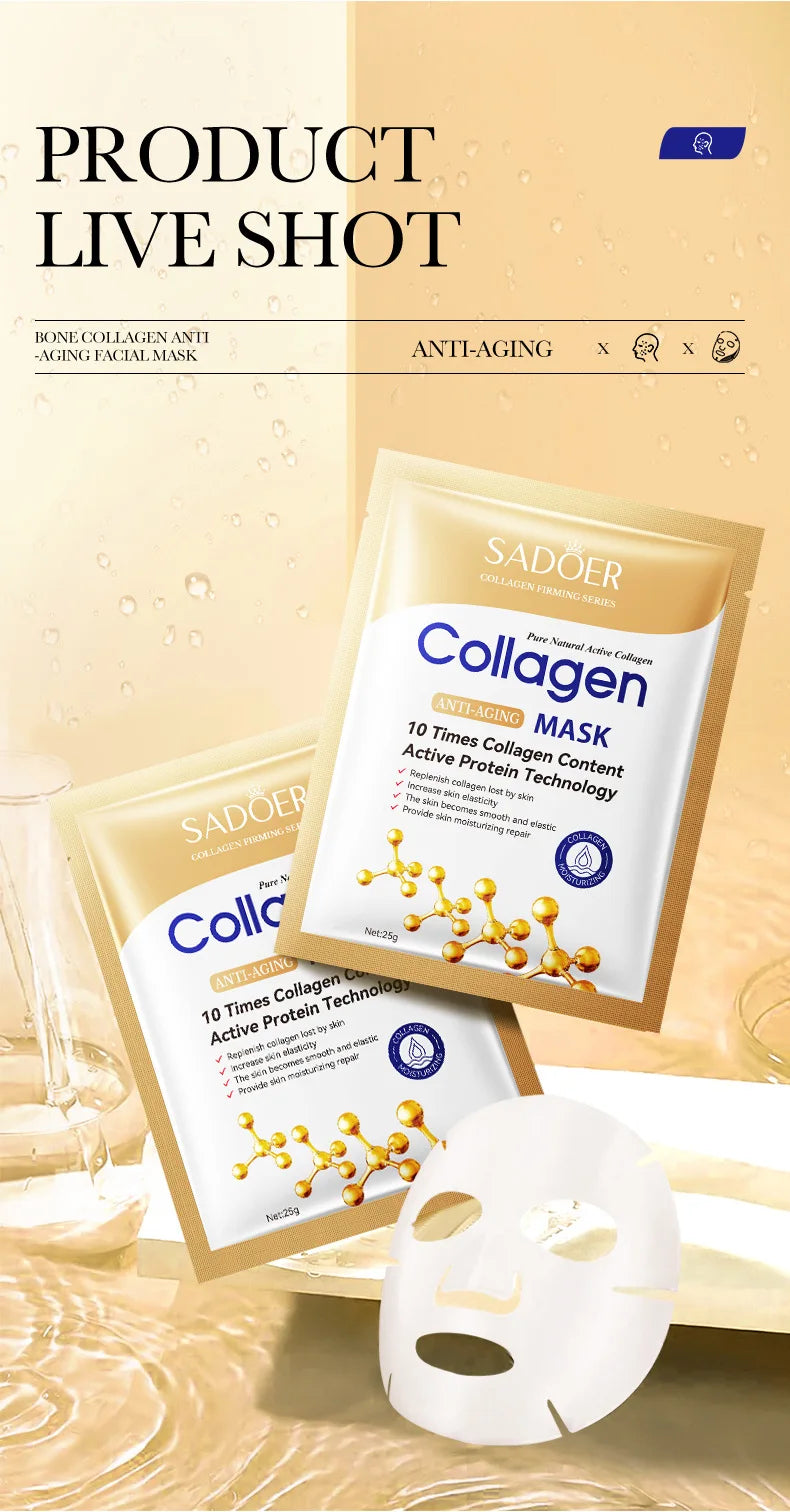 Lot de 10 masques visage anti-rides au collagène, hydratants, anti-âge, réparateurs et éclaircissants. Soin du visage. Masques en tissu.