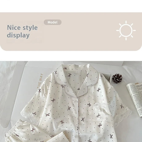 New Korean-Style Elegant Young Ladies' Pyjamas Summer New Arrival Short-Sleeved Polka Dot Bow Ice Silk Pyjama Set Homewear Set