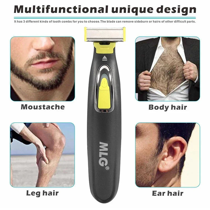 Rasoir électrique MLG pour hommes et femmes, portable, pour le corps entier, avec lame en T et port USB, idéal pour la barbe et les aisselles. Lavable.