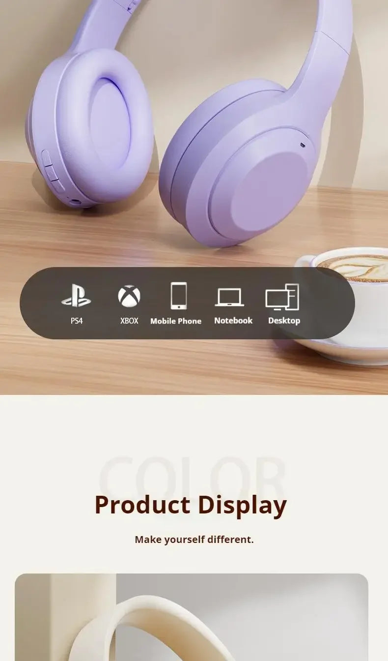 Casque stéréo Hi-Fi circum-aural M5 sans fil Bluetooth 5.3, idéal pour le sport et les jeux vidéo. Compatible avec carte TF/AUX et réduction du bruit.