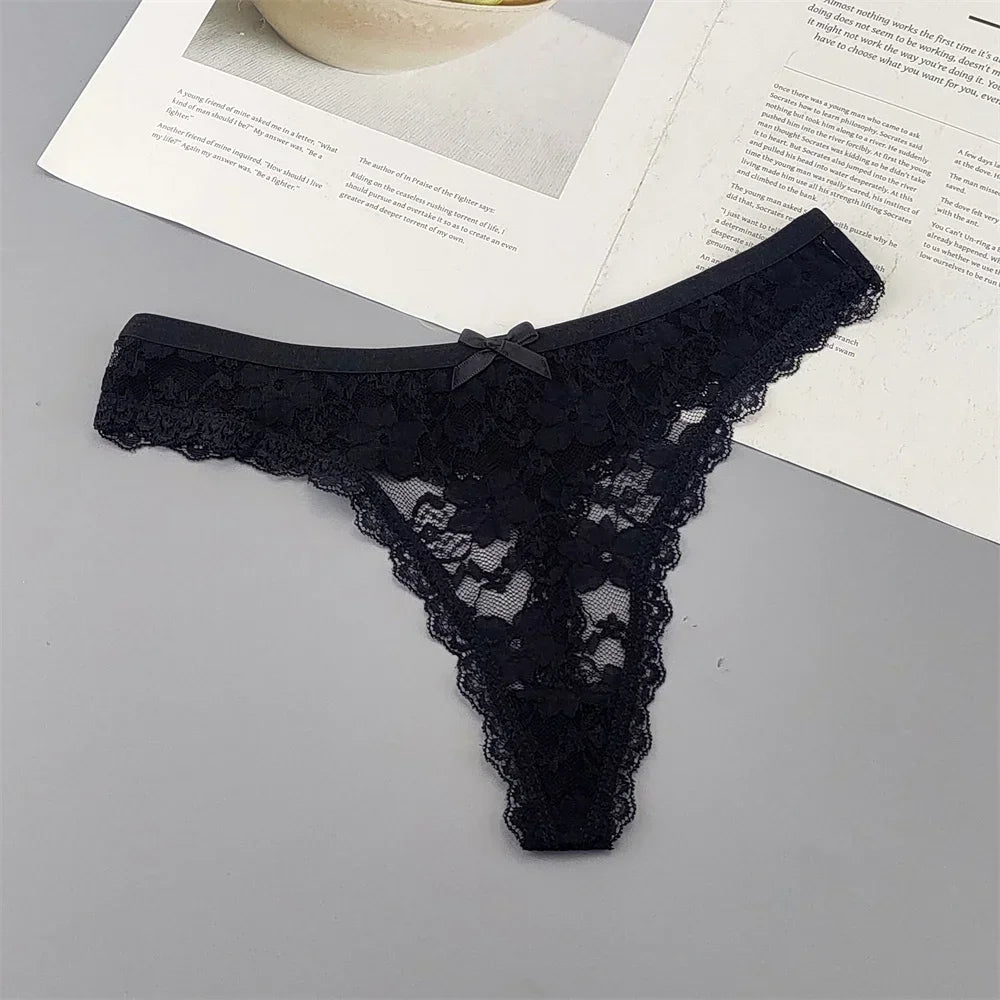 Lot de 3 culottes string sexy en dentelle transparente pour femme, sans coutures, style bikini, taille basse, tailles S à XXL