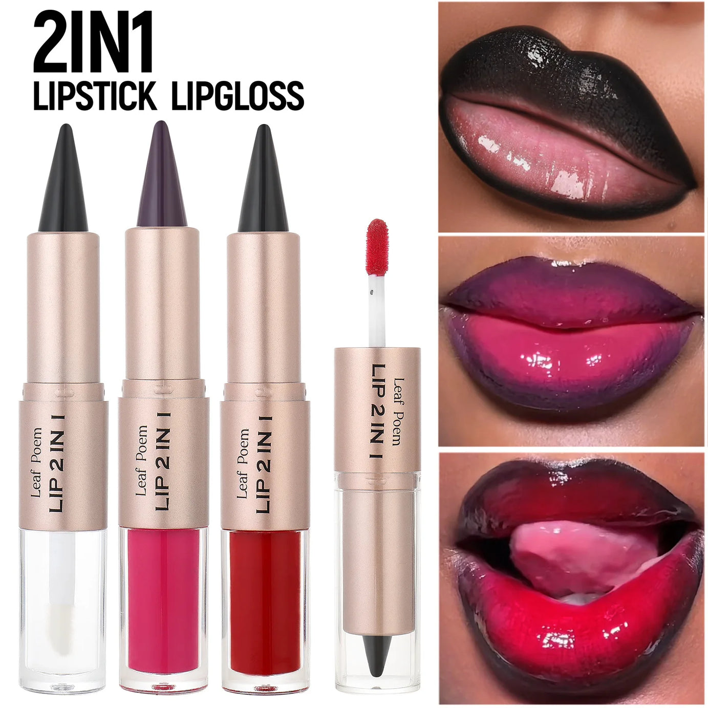 Crayon contour des lèvres noir et marron effilé, double embout miroir, effet repulpant, gloss cristal, maquillage pour des lèvres rouges sexy