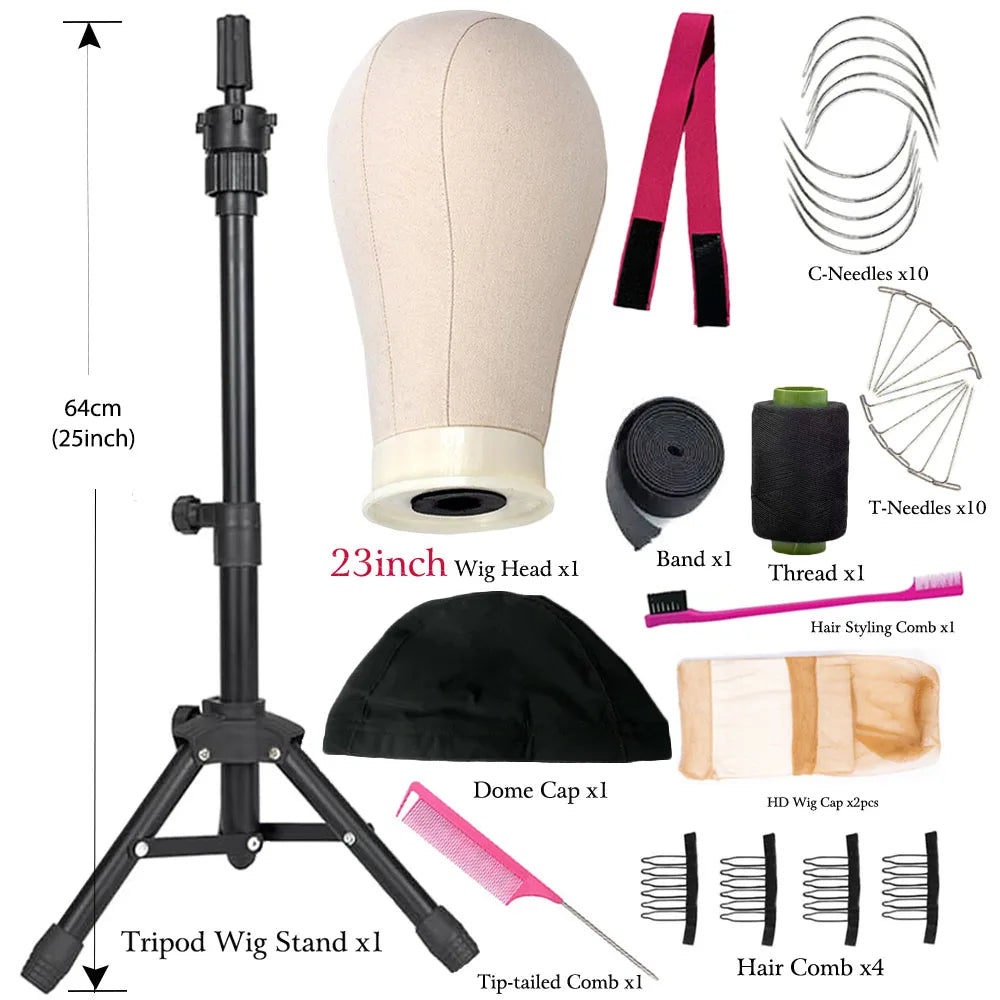 Tête de mannequin pour perruque de 53 à 58 cm (21 à 23 pouces) avec support, tête en toile pour la confection et la présentation de perruques, avec épingles.
