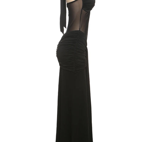 Robe maxi élégante patchwork pour femme, style classique et sexy, avec rubans transparents, dos nu et bretelles fines, coupe moulante, tendance festival et soirée.