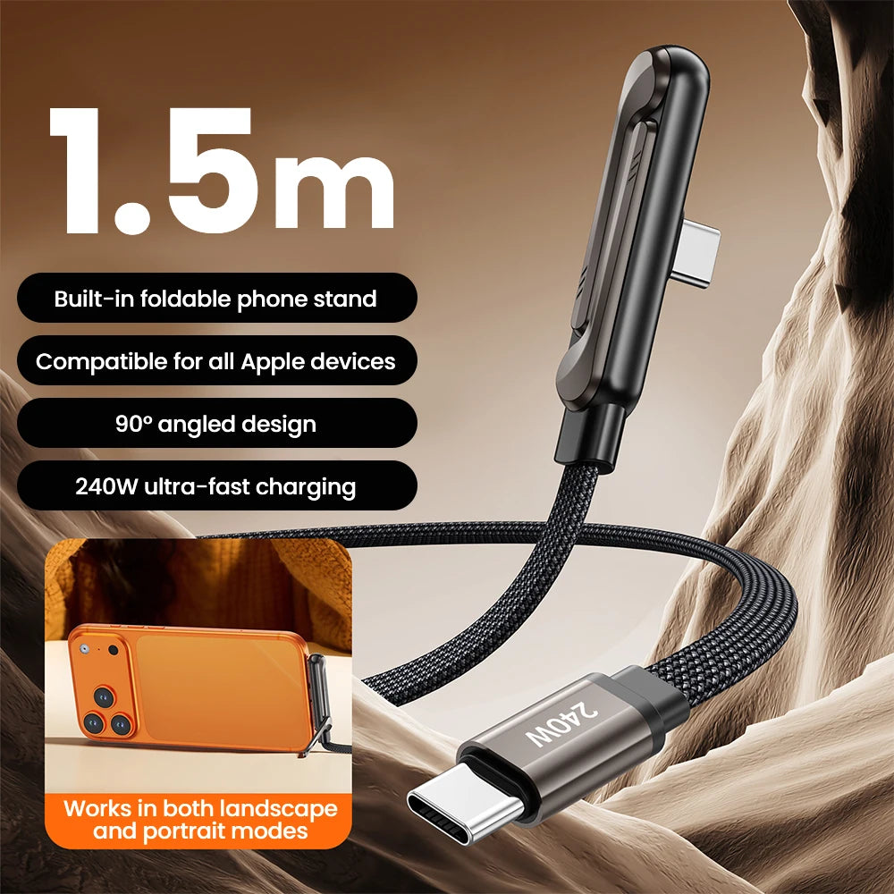 240W 2 in 1 Dual Type-C Super Fast Charging Bracket Charger Cable USB C to USB C for iPhone 17 16 15 Huawei