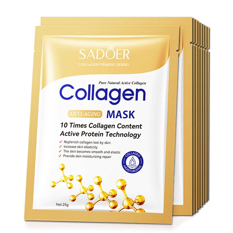 Lot de 10 masques visage anti-rides au collagène, hydratants, anti-âge, réparateurs et éclaircissants. Soin du visage. Masques en tissu.