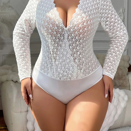 Sexy White Lace Sheer Bodysuits Elegant Long Sleeve New Hollow Out Inner Wear Women's Bodysuits Transparent V Neck Charming 8ABE
