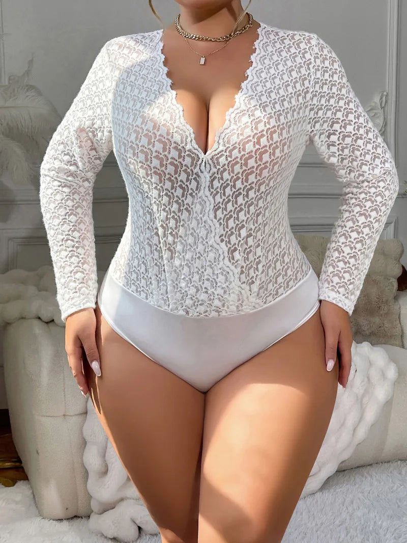 Sexy White Lace Sheer Bodysuits Elegant Long Sleeve New Hollow Out Inner Wear Women's Bodysuits Transparent V Neck Charming 8ABE