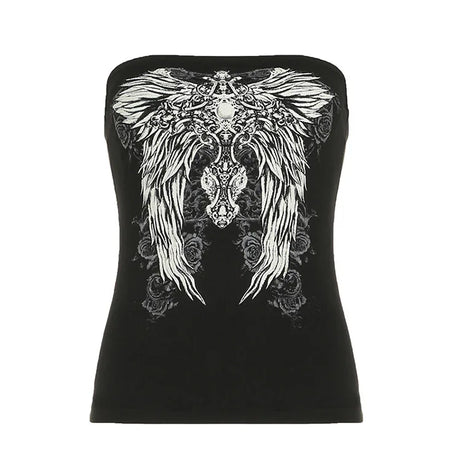 Débardeur noir sans bretelles à imprimé gothique pour femme, coupe skinny, court, style décontracté chic estival, streetwear Y2K, basique
