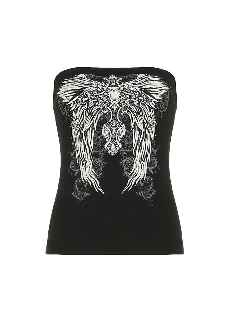 Débardeur noir sans bretelles à imprimé gothique pour femme, coupe skinny, court, style décontracté chic estival, streetwear Y2K, basique