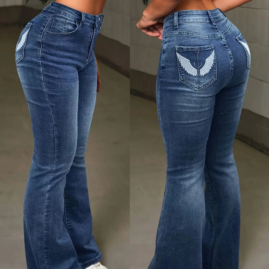 Jean skinny taille haute stretch décontracté style années 2000, brodé d'ailes, coupe évasée, style rétro sexy avec poches, idéal pour les festivals et les femmes.