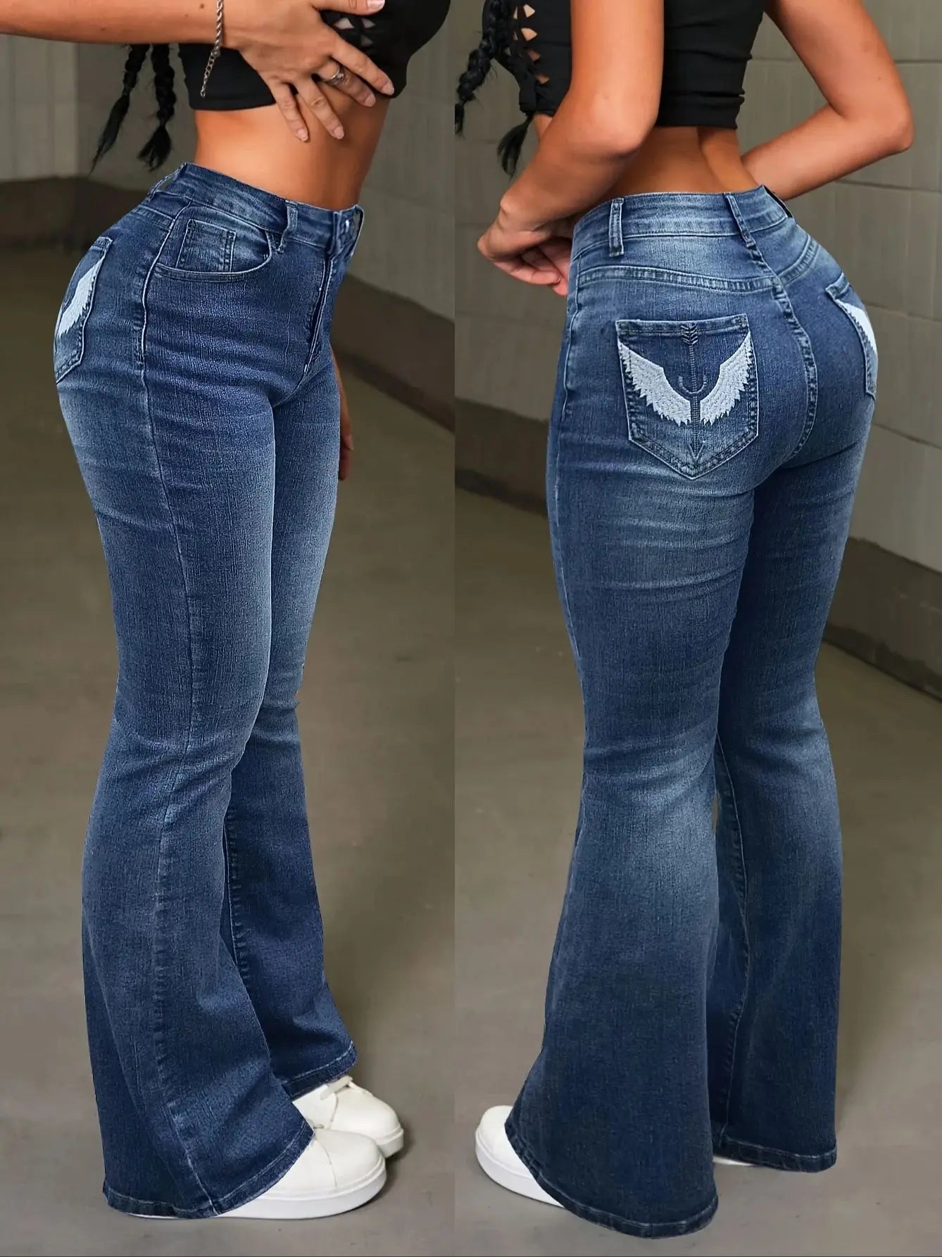 Jean skinny taille haute stretch décontracté style années 2000, brodé d'ailes, coupe évasée, style rétro sexy avec poches, idéal pour les festivals et les femmes.
