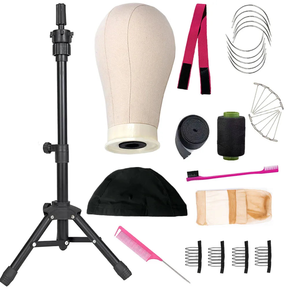 Tête de mannequin pour perruque de 53 à 58 cm (21 à 23 pouces) avec support, tête en toile pour la confection et la présentation de perruques, avec épingles.