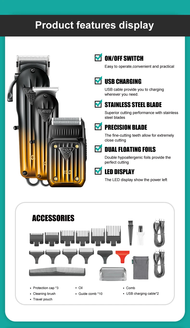 Tondeuse à cheveux électrique combinée VGR 644 avec dégradé, rechargeable, professionnelle, pour homme.