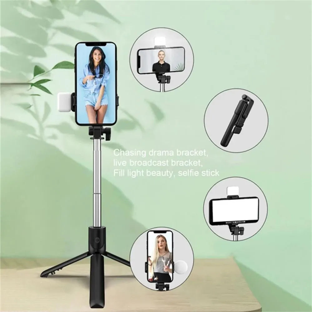 Perche à selfie avec trépied, télécommande Bluetooth et support de téléphone sans fil avec lumière LED intégrée pour le streaming en direct.