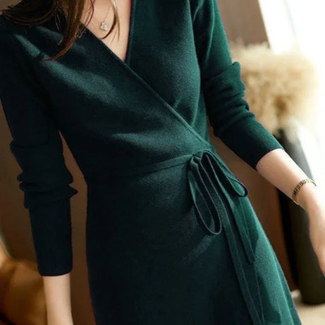 Pull d'automne-hiver pour femme, robe cache-cœur à col V, style coréen, jupe ample et élégante en maille