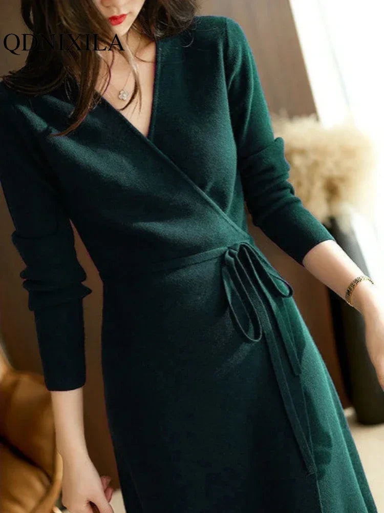 Pull d'automne-hiver pour femme, robe cache-cœur à col V, style coréen, jupe ample et élégante en maille