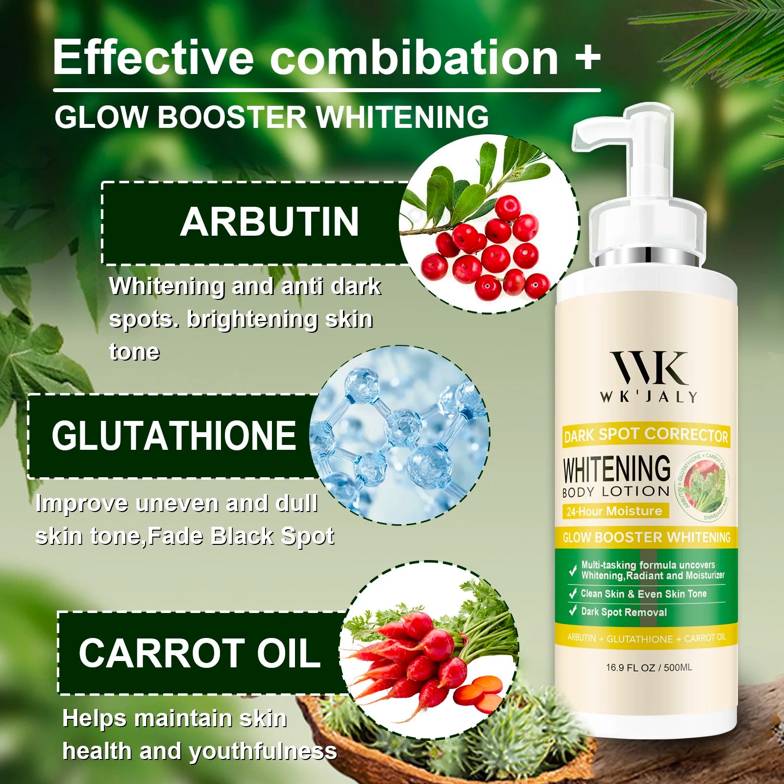 Lotion corporelle éclaircissante WK JALY Glow Booster, au glutathion, élimine les taches brunes et la mélanine, unifie le teint et convient à tous les types de peau.