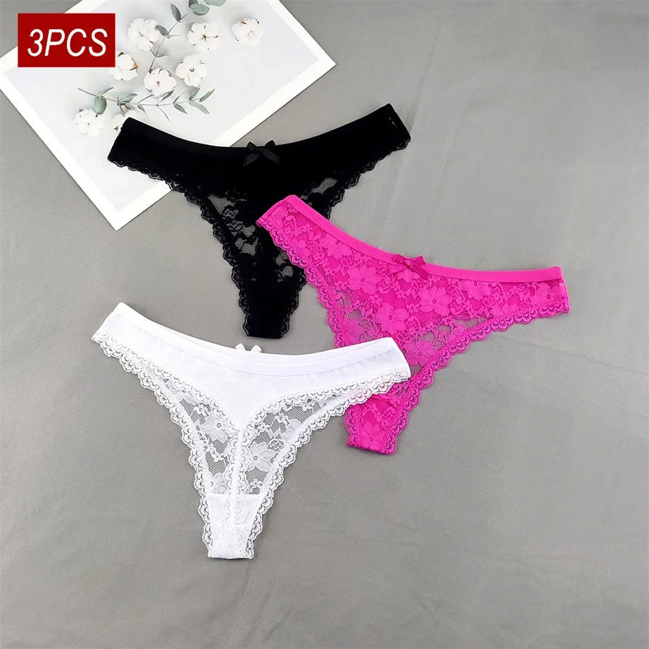 Lot de 3 culottes string sexy en dentelle transparente pour femme, sans coutures, style bikini, taille basse, tailles S à XXL