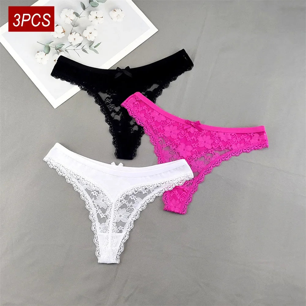 Lot de 3 culottes string sexy en dentelle transparente pour femme, sans coutures, style bikini, taille basse, tailles S à XXL