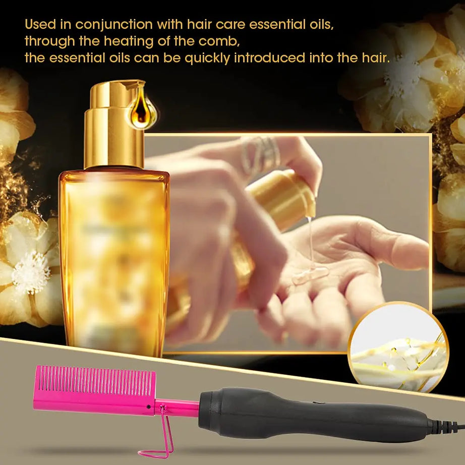 Peigne chauffant électrique rose, fer à lisser pour cheveux, barbe et perruques, utilisable sur cheveux secs ou mouillés.