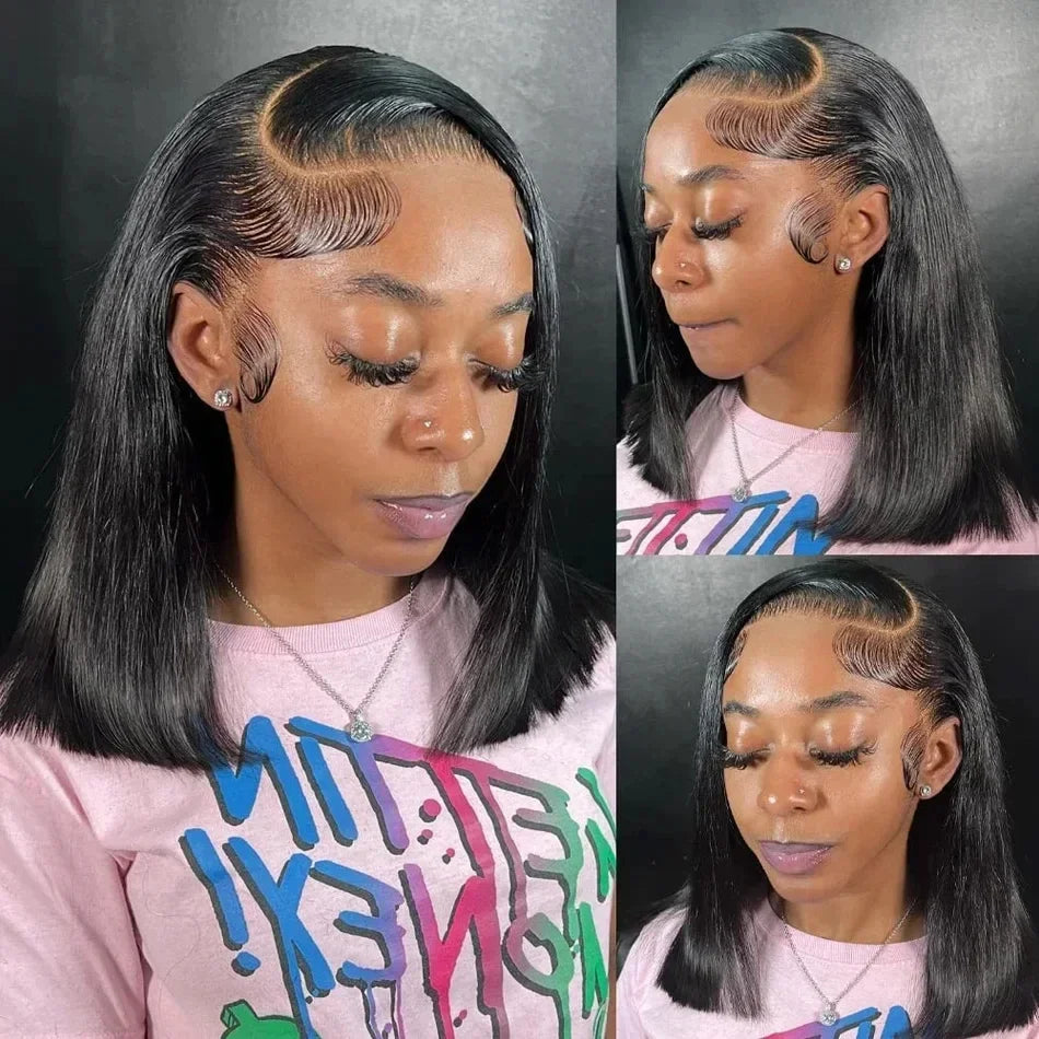 Perruque courte et lisse 13x4 avec lace front transparente 4x4, densité 200%, 100% cheveux humains, pré-épilée, pour femmes noires, 12 à 16 pouces.
