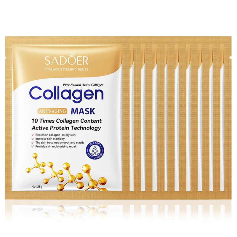 Lot de 10 masques visage anti-rides au collagène, hydratants, anti-âge, réparateurs et éclaircissants. Soin du visage. Masques en tissu.