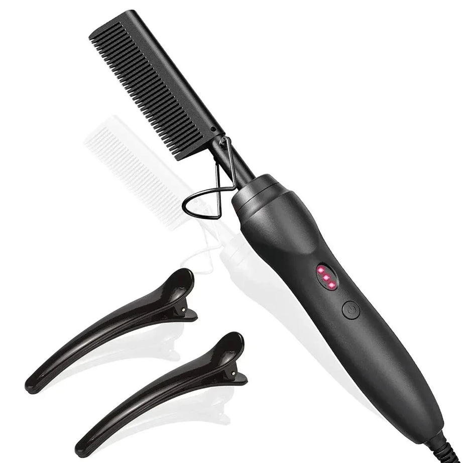 Peigne chauffant électrique rose, fer à lisser pour cheveux, barbe et perruques, utilisable sur cheveux secs ou mouillés.