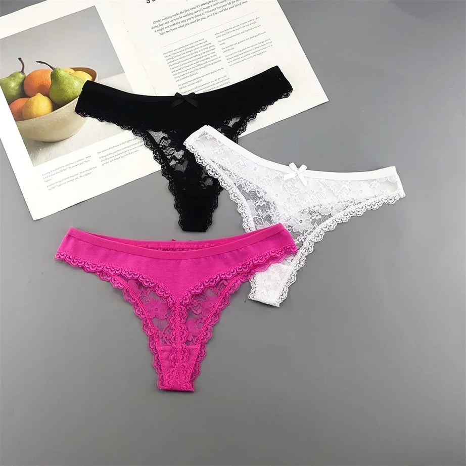 Lot de 3 culottes string sexy en dentelle transparente pour femme, sans coutures, style bikini, taille basse, tailles S à XXL