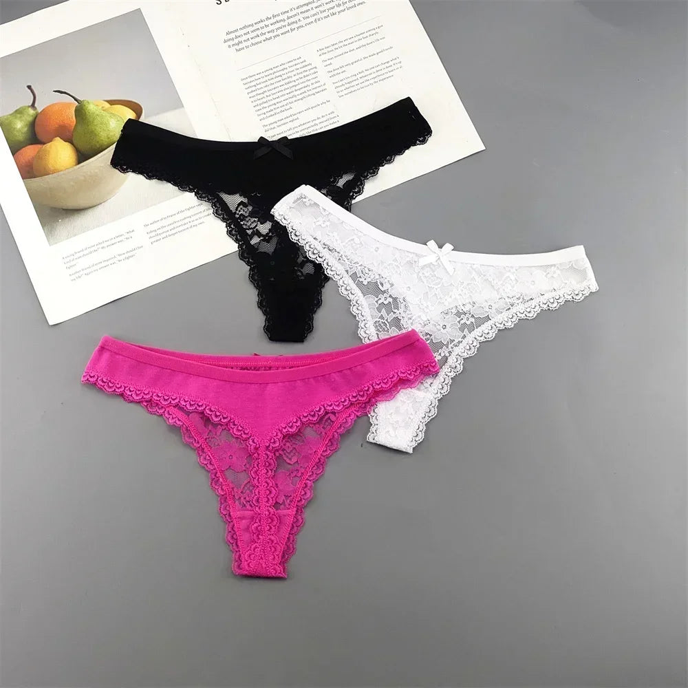 Lot de 3 culottes string sexy en dentelle transparente pour femme, sans coutures, style bikini, taille basse, tailles S à XXL