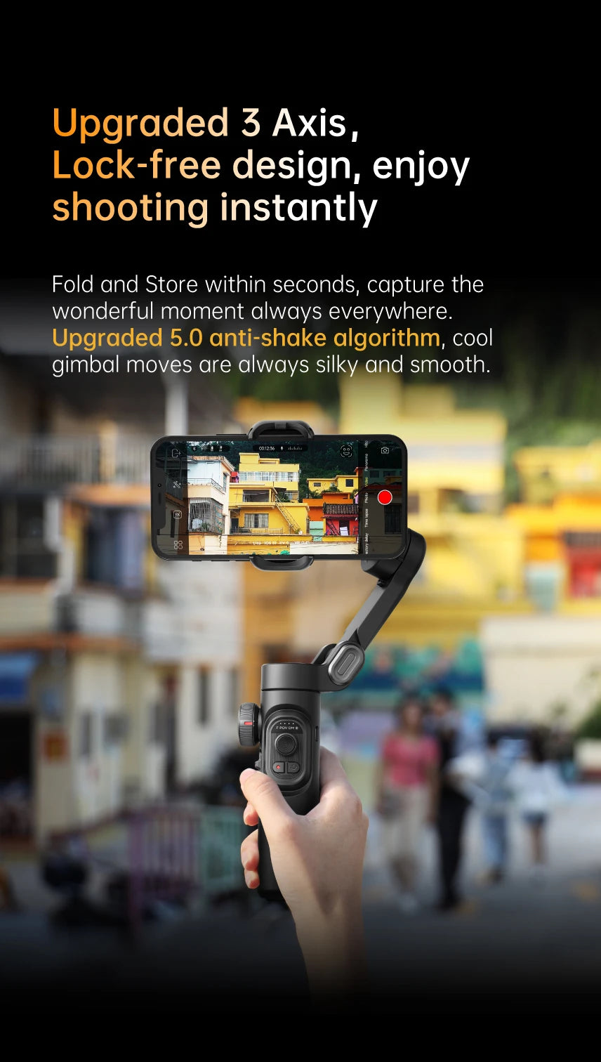 Stabilisateur à cardan 3 axes pour smartphone, pliable, portable, pour l'enregistrement vidéo, les vlogs et les appareils Android. Stabilisateur anti-tremblement PTZ pour iPhone et Android.