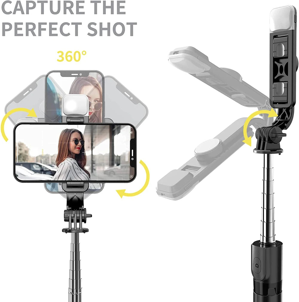 Perche à selfie sans fil Bluetooth avec trépied pliable et portable, éclairage d'appoint et télécommande pour smartphones Android et iPhone.