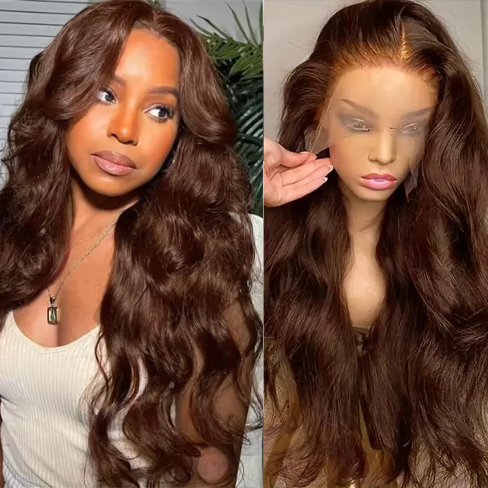 Perruque en cheveux humains ondulés, brun chocolat, 13x6, dentelle frontale HD, densité 200, pour femmes, cheveux pré-épilés