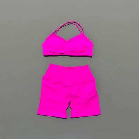 Ensemble de sport HISTELLO Vision 2 pièces pour femme : soutien-gorge de yoga à bretelles, short froncé, tenue de fitness et ensemble de yoga sans coutures.