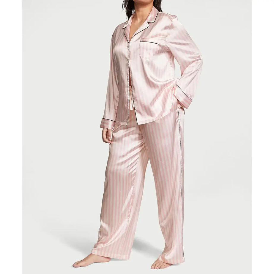 Ensemble pyjama 2 pièces en satin pour femme HEZIOWYUN : haut à manches longues avec col à revers et imprimé nœud/étoiles + pantalon à taille élastique.