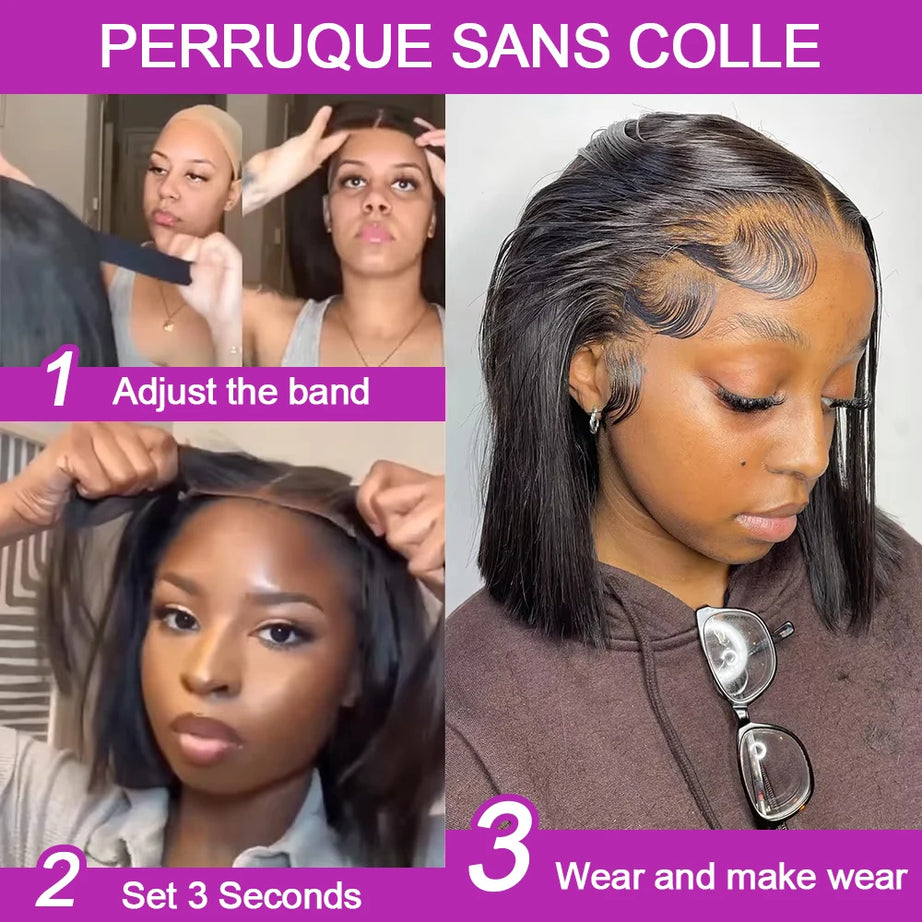 Brazilian Human Hair Bob Wigs Glueless HD Lace Front Wig No Glue Short Bone Straight Lace Frontal Wig Ready to Wear 250 Density