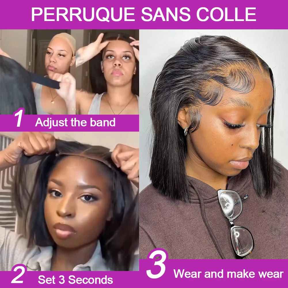 Brazilian Human Hair Bob Wigs Glueless HD Lace Front Wig No Glue Short Bone Straight Lace Frontal Wig Ready to Wear 250 Density