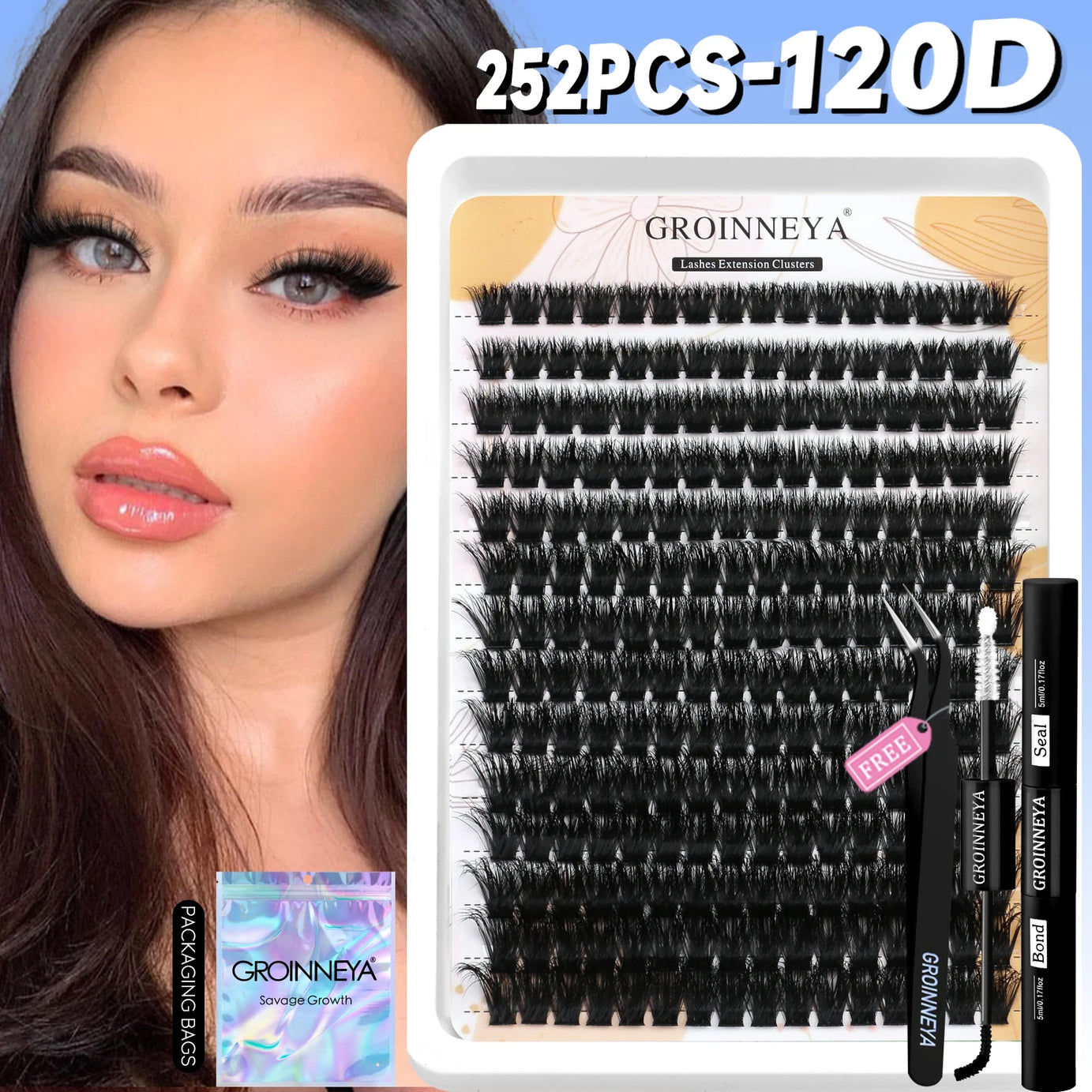 Kit de faux cils GROINNEYA avec patchs waterproof à tenue forte, kit d'extension de cils à faire soi-même, colle et fixateur, pince à épiler et maquillage.