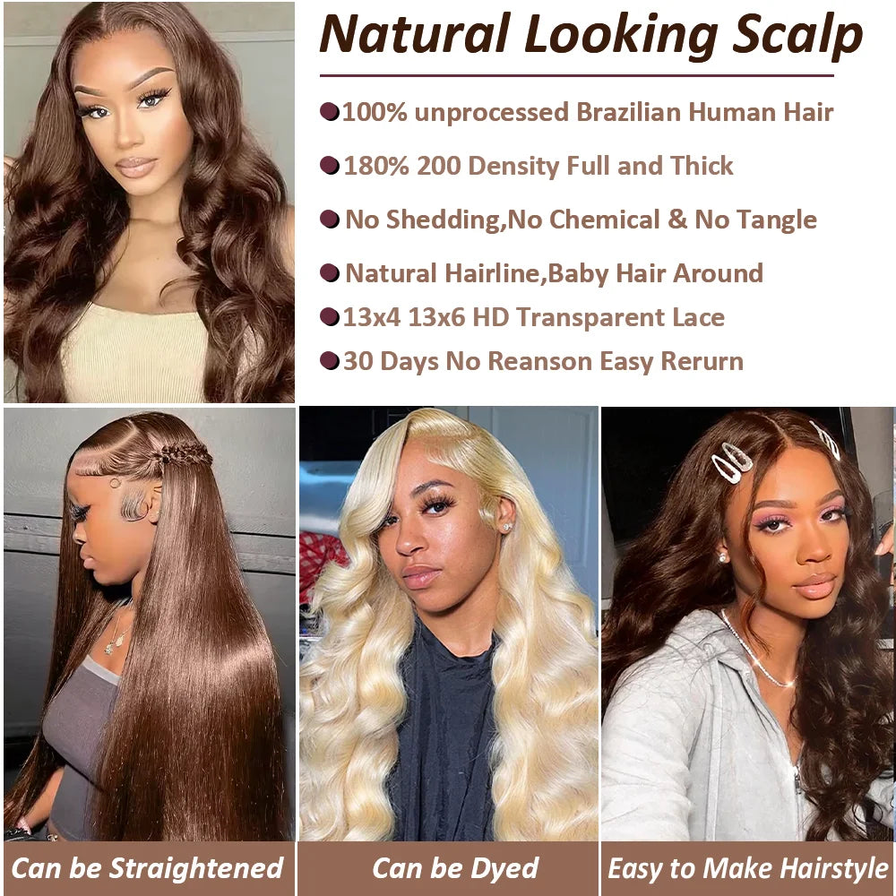 Pelucas de cabello humano con encaje frontal HD de 13x6, color marrón chocolate con ondas corporales, densidad de 200, pelucas con encaje frontal HD para mujer, cabello pre-depilado.