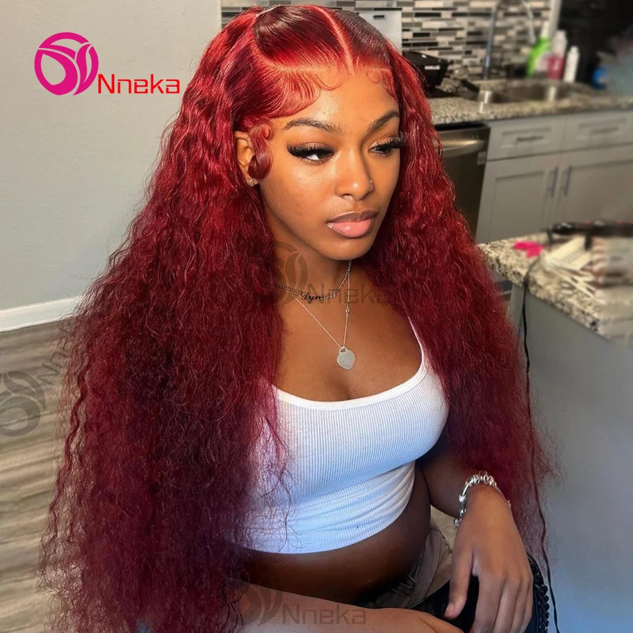 Perruque Lace Frontale en Cheveux Humains Bordeaux 13x6 HD, Ondulation Profonde, Cheveux Humains Bouclés, Couleur Eau, Rouge 99j, 30 pouces