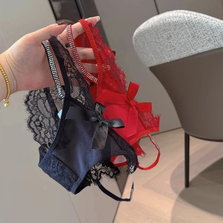 Culotte string sexy en dentelle et strass pour fille, sous-vêtements féminins, string ajouré transparent, lingerie intime