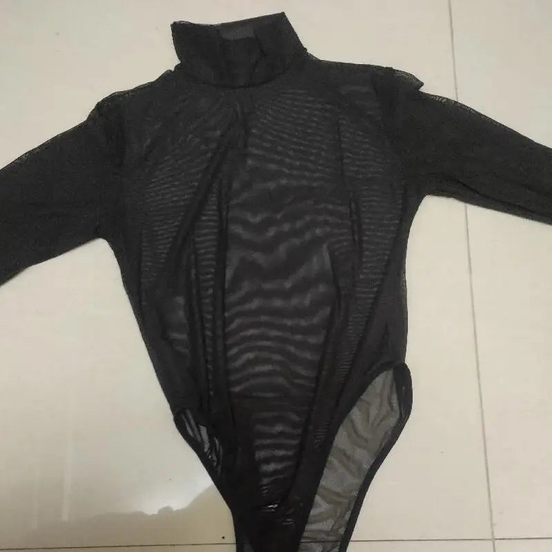 Women Black Long Sleeve Bodycon Body Suits Plus Size One-pieces See Through Bodysuits Sexy Shirts Tops for Woman Club Streetwear